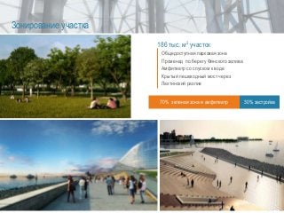 186 тыс. м2 участок
Общедоступная парковая зона
Променад по берегу Финского залива
Амфитеатр со спуском к воде
Крытый пешеходный мост через
Лахтинский разлив
70% зеленая зона и амфитеатр 30% застройка
Зонирование участка
 