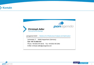 34
Christoph Adler
Technical Account Manager
panagenda GmbH – Solutions for Infrastructure Analysis and Optimization
Lahnstraße 17 64646 Heppenheim (Germany)
Cell: +49 172 494 4141
Phone: +49 6252 679 39-52 Fax: +49 6252 305 2842
E-Mail: christoph.adler@panagenda.com
 