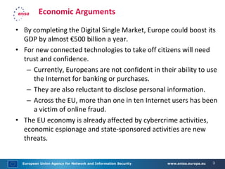 European Union Agency for Network and Information Security www.enisa.europa.eu 3
Economic Arguments
• By completing the Digital Single Market, Europe could boost its
GDP by almost €500 billion a year.
• For new connected technologies to take off citizens will need
trust and confidence.
– Currently, Europeans are not confident in their ability to use
the Internet for banking or purchases.
– They are also reluctant to disclose personal information.
– Across the EU, more than one in ten Internet users has been
a victim of online fraud.
• The EU economy is already affected by cybercrime activities,
economic espionage and state-sponsored activities are new
threats.
 