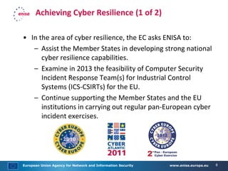 European Union Agency for Network and Information Security www.enisa.europa.eu 8
Achieving Cyber Resilience (1 of 2)
• In the area of cyber resilience, the EC asks ENISA to:
– Assist the Member States in developing strong national
cyber resilience capabilities.
– Examine in 2013 the feasibility of Computer Security
Incident Response Team(s) for Industrial Control
Systems (ICS-CSIRTs) for the EU.
– Continue supporting the Member States and the EU
institutions in carrying out regular pan-European cyber
incident exercises.
 