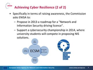 European Union Agency for Network and Information Security www.enisa.europa.eu 9
Achieving Cyber Resilience (2 of 2)
• Specifically in terms of raising awareness, the Commission
asks ENISA to:
– Propose in 2013 a roadmap for a "Network and
Information Security driving licence".
– Support a cybersecurity championship in 2014, where
university students will compete in proposing NIS
solutions.
 