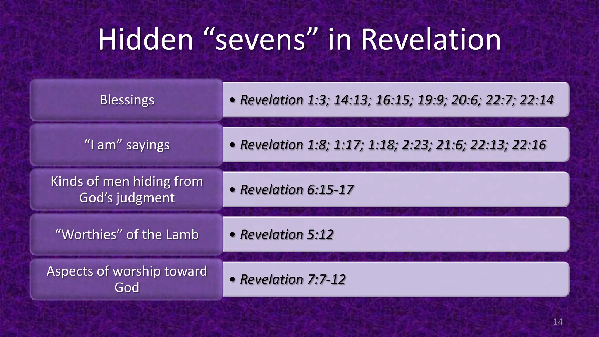 Hidden “sevens” in Revelation
• Revelation 1:3; 14:13; 16:15; 19:9; 20:6; 22:7; 22:14Blessings
• Revelation 1:8; 1:17; 1:18; 2:23; 21:6; 22:13; 22:16“I am” sayings
• Revelation 6:15-17
Kinds of men hiding from
God’s judgment
• Revelation 5:12“Worthies” of the Lamb
• Revelation 7:7-12
Aspects of worship toward
God
14
 