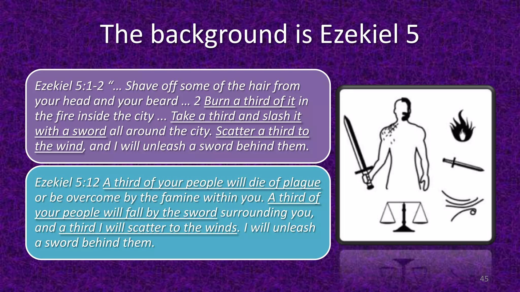 The background is Ezekiel 5
45
Ezekiel 5:1-2 “… Shave off some of the hair from
your head and your beard … 2 Burn a third of it in
the fire inside the city ... Take a third and slash it
with a sword all around the city. Scatter a third to
the wind, and I will unleash a sword behind them.
Ezekiel 5:12 A third of your people will die of plague
or be overcome by the famine within you. A third of
your people will fall by the sword surrounding you,
and a third I will scatter to the winds. I will unleash
a sword behind them.
 