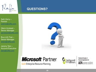 QUESTIONS?
20
Seth Zarny –
Partner
szarny@raffa.com
Glenn Anstead –
Senior Manager
ganstead@raffa.com
Buu-Linh Tran –
Senior Manager
btran@raffa.com
Jeremy Taro –
Account Executive
jtaro@raffa.com
 