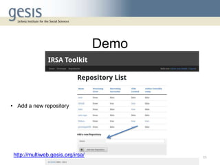 Demo
11
• Add a new repository
http://multiweb.gesis.org/irsa/
 