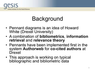 Background
• Pennant diagrams is an idea of Howard
White (Drexel University)
• A combination of bibliometrics, information
retrieval and relevance theory
• Pennants have been implemented first in the
system Authorweb for co-cited authors at
Drexel
• This approach is working on typical
bibliographic and bibliometric data
3
 
