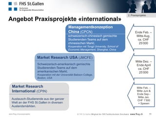 Angebot Praxisprojekte «international»
Managementkonzeption
China (CPCN)
schweizerisch-chinesisch gemischte
Studierenden-Teams auf dem
chinesischen Markt.

2. Praxisprojekte

Ende Feb. –
Mitte Aug.
ca. CHF
25’000

Kooperation mit Tongji University, School of
Economic Management, Shanghai, China

Market Research USA (JMCFE)
Schweizerisch-amerikanisch gemischte
Studierenden-Teams auf dem
amerikanischen Markt.
Kooperation mit der Universität Babson College,
Boston, USA

Market Research
International (CPIN)
Austausch-Studierende aus der ganzer
Welt an der FHS St.Gallen in diversen
Auslandsmärkten.
www.fhsg.ch/praxisprojekte

Mitte Dez. –
Ende April
ca. CHF
25’000

Mitte Feb. –
Mitte Juni &
Ende Sep.Mitte Jan.
CHF 1’500
+ Spesen

11

 