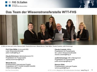 Das Team der Wissenstransferstelle WTT-FHS

v.l.n.r. Claudia Custodia, Tamara Roth, Peter Müller, Claudia Brönimann, Ermal Arifi, Mikela Morovic
Neues Team-Foto folgt Ende Mai 2013!
Im Bild von links nach rechts: Ramona Göldi, Claudia Brönimann, Mikela Morovic, Peter Müller, Claudia Custodia, Judith Scherzinger

Prof. Peter Müller, lic.rer.publ.HSG
Leiter Wissenstransferstelle
peter.mueller@fhsg.ch
Claudia Brönimann, Betriebsökonomin FH
Projektleiterin für Praxisprojekte
claudia.broenimann@fhsg.ch
Mikela Morovic,
Projektassistenz internationale Projekte
Projektleiterin WTT YOUNG LEADER AWARD
mikela.morovic@fhsg.ch
www.fhsg.ch/praxisprojekte

Claudia Custodia, MMag.
Projektleiterin für Praxisprojekte
Stv. Leiterin Wissenstransferstelle
claudia.custodia@fhsg.ch
Judith Scherzinger, MA in Management
Projektleiterin für Praxisprojekte
judith.scherzinger@fhsg.ch
Ramona Göldi,
Projektassistenz nationale Projekte
ramona.goeldi@fhsg.ch
18

 