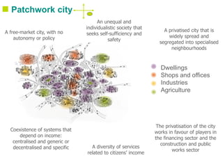  Patchwork city
A free-market city, with no
autonomy or policy

An unequal and
individualistic society that
seeks self-sufficiency and
safety

A privatised city that is
widely spread and
segregated into specialised
neighbourhoods

Dwellings
Shops and offices
Industries
Agriculture

Coexistence of systems that
depend on income:
centralised and generic or
decentralised and specific

A diversity of services
related to citizens’ income

The privatisation of the city
works in favour of players in
the financing sector and the
construction and public
works sector

 