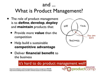 and ...
What is Product Management?
• The role of product management
is to deﬁne, develop, deploy
and maintain products th...