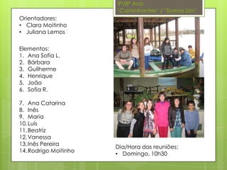 9º/8º Ano
‘Caminhantes’ / ‘Somos Um’
Elementos:
1. Ana Sofia L.
2. Bárbara
3. Guilherme
4. Henrique
5. João
6. Sofia R.
7. Ana Catarina
8. Inês
9. Maria
10.Luís
11.Beatriz
12.Vanessa
13.Inês Pereira
14.Rodrigo Moitinho
Orientadores:
• Clara Moitinho
• Juliana Lemos
Dia/Hora das reuniões:
• Domingo, 10h30
 