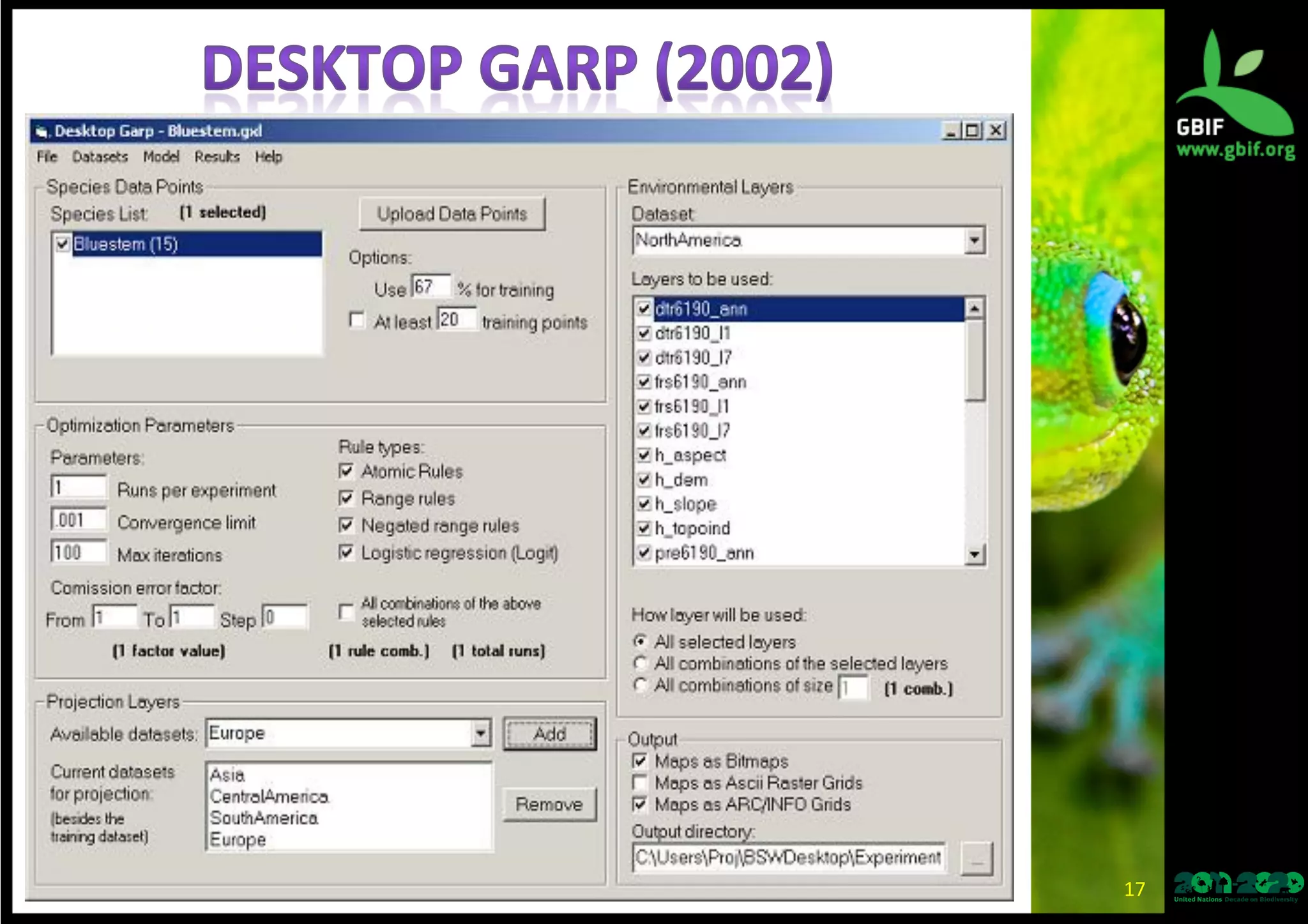 17	
  
•  Gene*c	
  Algorithm	
  for	
  Rule-­‐set	
  Produc*on	
  
(GARP).	
  
•  Originally	
  released	
  as	
  “GARP	
  algorithm”	
  
around	
  1999.	
  
•  “Desktop	
  GARP”	
  soEware	
  released	
  around	
  
2002	
  by	
  the	
  University	
  of	
  Kansas	
  and	
  CRIA	
  
in	
  Brazil.	
  	
  
•  hlp://www.nhm.ku.edu/desktopgarp/	
  	
  
 
