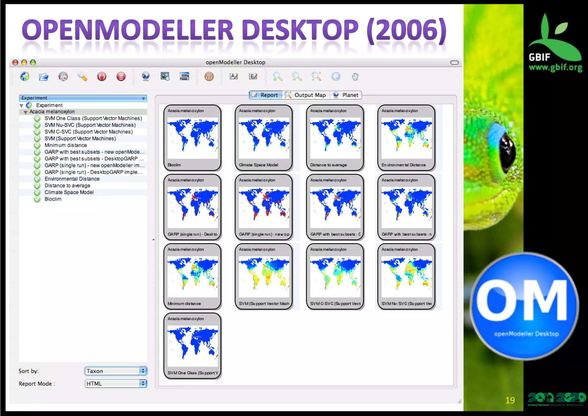 19	
  
•  Originally	
  developed	
  by	
  CRIA	
  in	
  2003	
  as	
  
part	
  of	
  the	
  speciesLink	
  project.	
  
•  “OM	
  desktop”	
  released	
  in	
  2006.	
  
•  Cross-­‐plarorm,	
  C++	
  framework,	
  Python	
  
API,	
  WS	
  interface.	
  
•  Implements	
  a	
  number	
  of	
  diﬀerent	
  
modeling	
  algorithms	
  (including	
  Random	
  
Forest,	
  ANN,	
  SVM,	
  Maxent,	
  GARP,	
  …).	
  
 
