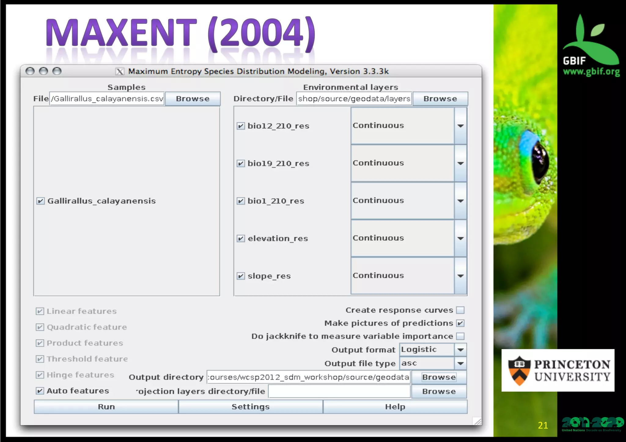21	
  
•  Maxent	
  Java	
  SDM	
  soEware	
  released	
  in	
  2004.	
  
•  Well	
  suited	
  and	
  with	
  high	
  performance	
  for	
  presence-­‐only	
  data.	
  
•  By	
  default	
  Maxent	
  randomly	
  samples	
  10,000	
  background	
  points.	
  
•  Maxent	
  currently	
  has	
  six	
  feature	
  classes:	
  linear,	
  product,	
  
quadra*c,	
  hinge,	
  threshold	
  and	
  categorical.	
  
•  It	
  is	
  common	
  to	
  mask	
  the	
  study	
  area	
  –	
  i.e.	
  sevng	
  no-­‐data	
  values	
  
outside	
  the	
  area	
  of	
  interest.	
  
•  Assump*on:	
  Maxent	
  relies	
  on	
  an	
  unbiased	
  sample.	
  
–  One	
  ﬁx	
  is	
  to	
  provide	
  background	
  data	
  of	
  similar	
  bias.	
  
•  Assump*on:	
  environment	
  layers	
  have	
  grid	
  cells	
  of	
  equal	
  area.	
  
–  In	
  un-­‐projected	
  la*tude-­‐longitude-­‐degree	
  data,	
  grids	
  cells	
  to	
  the	
  north	
  and	
  
south	
  of	
  the	
  equator	
  have	
  smaller	
  area.	
  
–  On	
  ﬁx	
  could	
  be	
  to	
  re-­‐project	
  to	
  an	
  equal-­‐area-­‐projec*on.	
  
•  Available	
  at:	
  
hlp://www.cs.princeton.edu/~schapire/maxent/	
  	
  
 