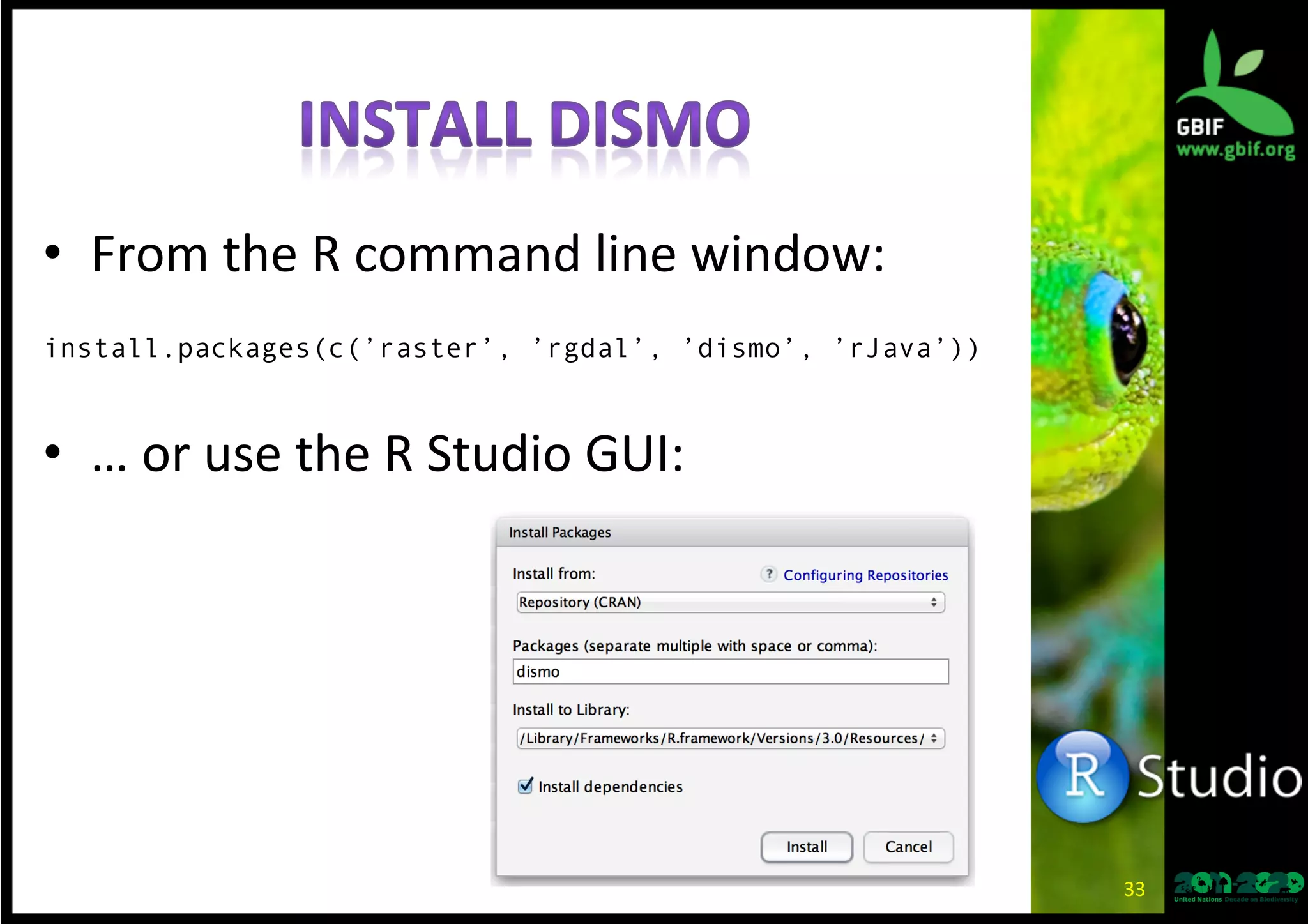 33	
  
•  Hijmans, R.J., S. Philips, J. Leathwick, and J. Elith (2013).
Dismo: distribution modeling [Dismo R package]. Available
at http://cran.r-project.org/web/packages/dismo/index.html
•  Hijmans, R.J. and J. Elith (2013). Species distribution
modeling with R. [Dismo vignette manual]. Available at
http://cran.r-project.org/web/packages/dismo/vignettes/
sdm.pdf‎
•  Hijmans, R.J. (2013). Introduction to the 'raster' package
(version 2.1-49). Available at
http://cran.r-project.org/web/packages/raster/vignettes/
Raster.pdf
•  Elith, J. and J. Leathwick (2013). Boosted regression trees
for ecological modeling. [Dismo vignette manual].
Available at
http://cran.r-project.org/web/packages/dismo/vignettes/
brt.pdf
•  Dismo was released around 2009.
 