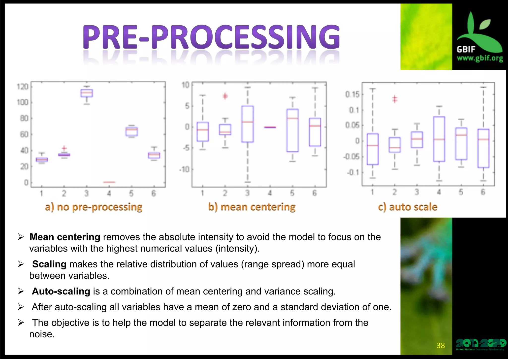 Ø  Mean centering removes the absolute intensity to avoid the model to focus on the
variables with the highest numerical values (intensity).
Ø  Scaling makes the relative distribution of values (range spread) more equal
between variables.
Ø  Auto-scaling is a combination of mean centering and variance scaling.
Ø  After auto-scaling all variables have a mean of zero and a standard deviation of one.
Ø  The objective is to help the model to separate the relevant information from the
noise.
38	
  
 