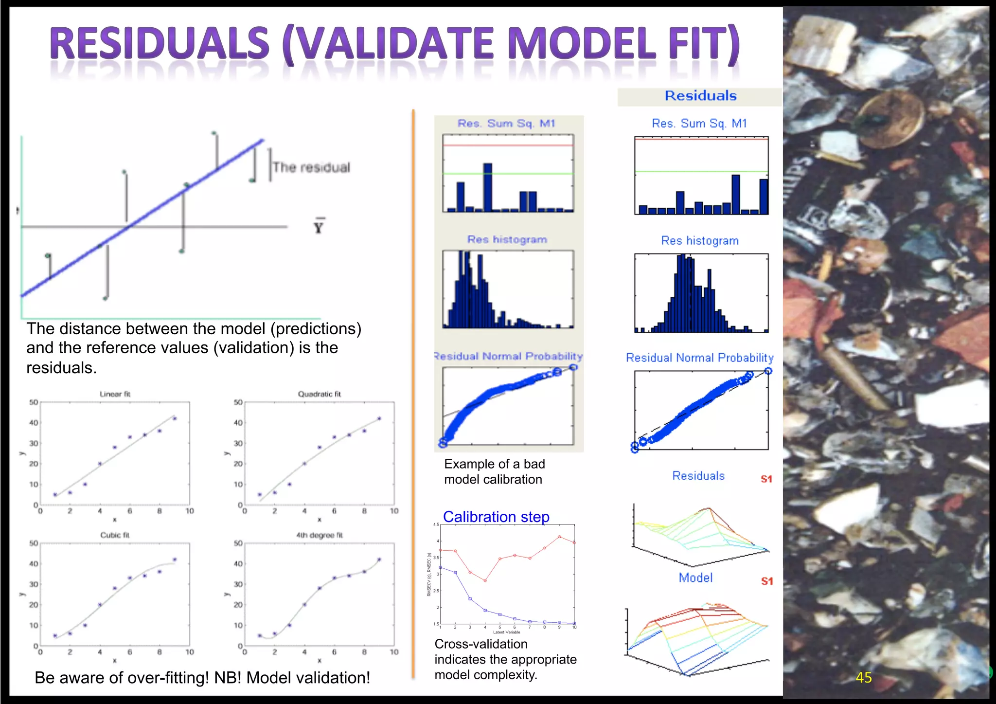 45	
  Be aware of over-fitting! NB! Model validation!
The distance between the model (predictions)
and the reference values (validation) is the
residuals.
Example of a bad
model calibration
Cross-validation
indicates the appropriate
model complexity.
Calibration step
45	
  
 
