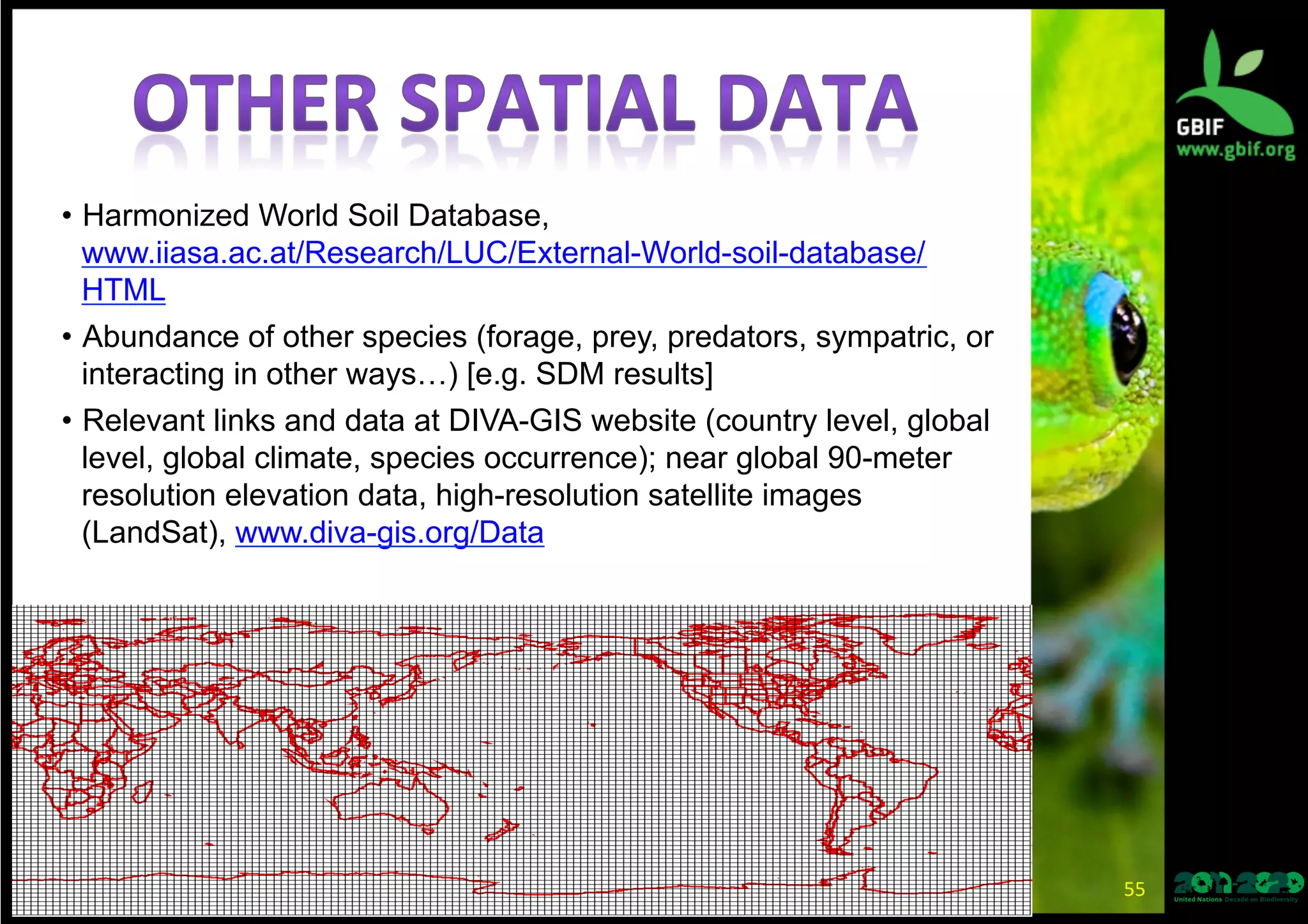•  Harmonized World Soil Database,
www.iiasa.ac.at/Research/LUC/External-World-soil-database/
HTML
•  Abundance of other species (forage, prey, predators, sympatric, or
interacting in other ways…) [e.g. SDM results]
•  Relevant links and data at DIVA-GIS website (country level, global
level, global climate, species occurrence); near global 90-meter
resolution elevation data, high-resolution satellite images
(LandSat), www.diva-gis.org/Data
55	
  
 