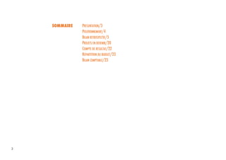2
SOMMAIRE PRESENTATION/3
POSITIONNEMENT/4
BILAN RETROSPECTIF/5
PROJETS EN DEVENIR/20
COMPTE DE RESULTAT/22
REPARTITION DU BUDGET/23
BILAN COMPTABLE/23
 