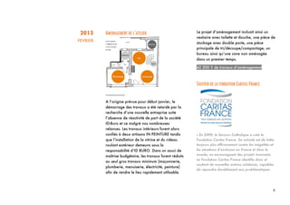 9
9	
  
2013
FEVRIER
AMENAGEMENT DE L’ATELIER
_________
A l’origine prévue pour début janvier, le
démarrage des travaux a été retardé par la
recherche d’une nouvelle entreprise suite
l’absence de réactivité de part de la société
ID-Buro et ce malgré nos nombreuses
relances. Les travaux intérieurs furent alors
confiés à deux artisans IN PEINTURE tandis
que l’installation de la vitrine et du rideau
roulant extérieur demeura sous la
responsabilité d’ID BURO. Dans un souci de
maîtrise budgétaire, les travaux furent réduits
au seul gros travaux minimum (maçonnerie,
plomberie, menuiserie, électricité, peinture)
afin de rendre le lieu rapidement utilisable.
Le projet d’aménagement incluait ainsi un
vestiaire avec toilette et douche, une pièce de
stockage avec double porte, une pièce
principale de tri/découpe/compactage, un
bureau ainsi qu’une cave non aménagée
dans un premier temps.
42 300 € de travaux d’aménagement
SOUTIEN DE LA FONDATION CARITAS FRANCE
« En 2009, le Secours Catholique a créé la
Fondation Caritas France. Sa volonté est de lutter
toujours plus efficacement contre les inégalités et
les situations d’exclusion en France et dans le
monde, en encourageant des projets innovants.
La Fondation Caritas France identifie donc et
soutient de nouvelles actions solidaires, capables
de répondre durablement aux problématiques
 