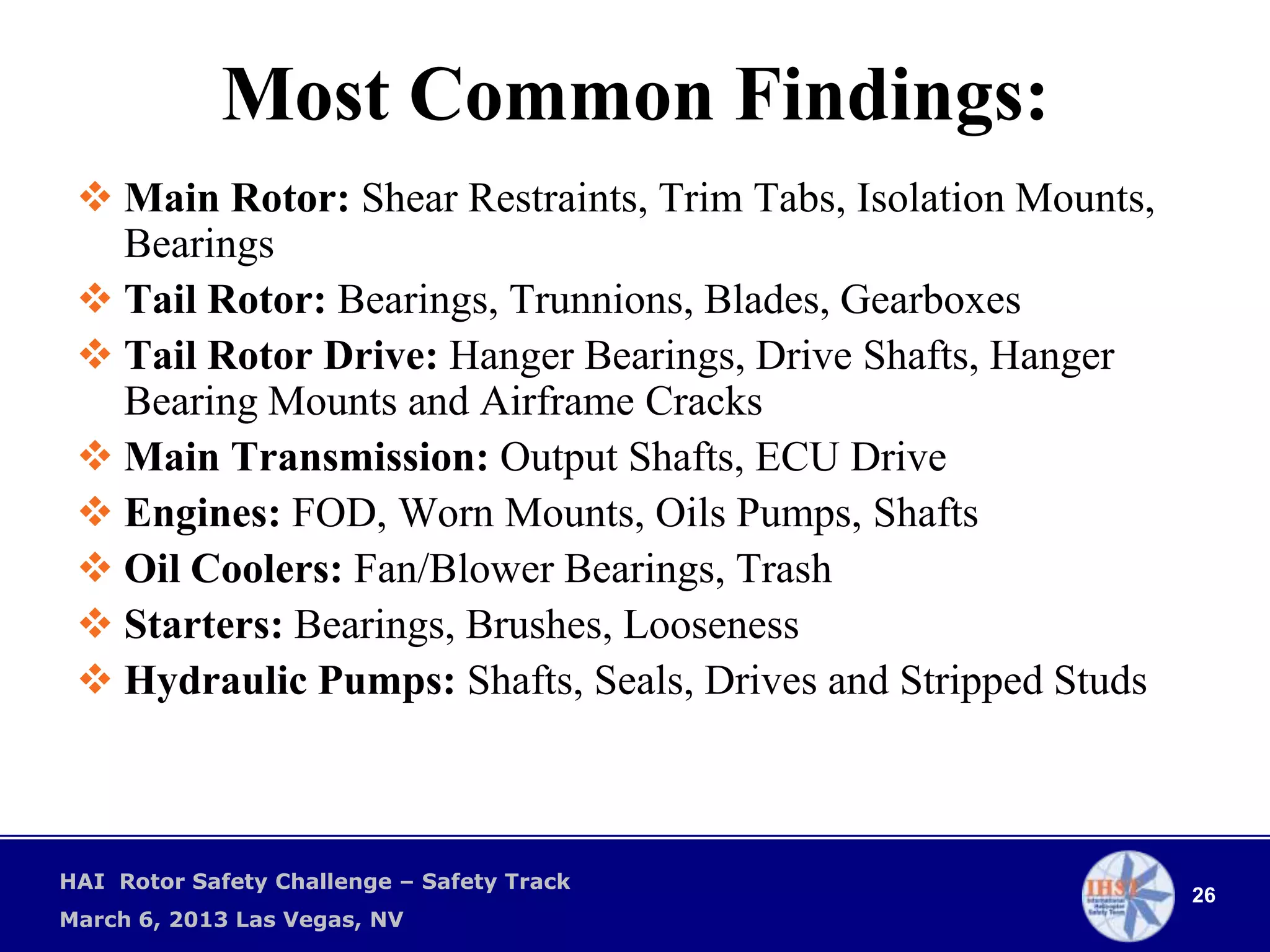 Most Common Findings:
  Main Rotor: Shear Restraints, Trim Tabs, Isolation Mounts,
   Bearings
  Tail Rotor: Bearings, Trunnions, Blades, Gearboxes
  Tail Rotor Drive: Hanger Bearings, Drive Shafts, Hanger
   Bearing Mounts and Airframe Cracks
  Main Transmission: Output Shafts, ECU Drive
  Engines: FOD, Worn Mounts, Oils Pumps, Shafts
  Oil Coolers: Fan/Blower Bearings, Trash
  Starters: Bearings, Brushes, Looseness
  Hydraulic Pumps: Shafts, Seals, Drives and Stripped Studs



HAI Rotor Safety Challenge – Safety Track
                                                                26
March 6, 2013 Las Vegas, NV
 