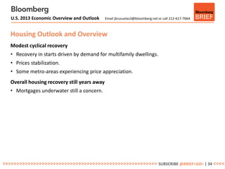 U.S. 2013 Economic Overview and Outlook     Email jbrusuelas3@bloomberg.net or call 212-617-7664



   Housing Outlook and Overview
   Modest cyclical recovery
   • Recovery in starts driven by demand for multifamily dwellings.
   • Prices stabilization.
   • Some metro-areas experiencing price appreciation.
   Overall housing recovery still years away
   • Mortgages underwater still a concern.




>>>>>>>>>>>>>>>>>>>>>>>>>>>>>>>>>>>>>>>>>>>>>>>>>>>>>>> SUBSCRIBE @BRIEF<GO> | 34 <<<<
 