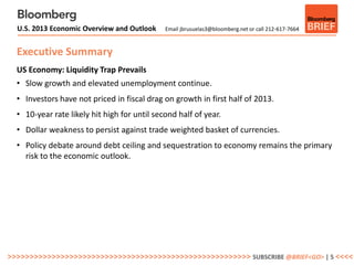U.S. 2013 Economic Overview and Outlook     Email jbrusuelas3@bloomberg.net or call 212-617-7664



  Executive Summary
  US Economy: Liquidity Trap Prevails
  • Slow growth and elevated unemployment continue.
  • Investors have not priced in fiscal drag on growth in first half of 2013.
  • 10-year rate likely hit high for until second half of year.
  • Dollar weakness to persist against trade weighted basket of currencies.
  • Policy debate around debt ceiling and sequestration to economy remains the primary
    risk to the economic outlook.




>>>>>>>>>>>>>>>>>>>>>>>>>>>>>>>>>>>>>>>>>>>>>>>>>>>>>>> SUBSCRIBE @BRIEF<GO> | 5 <<<<
 