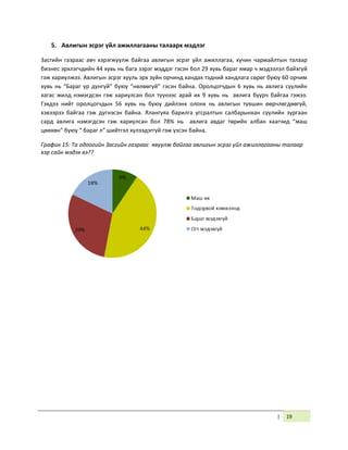 | 19
5. Авлигын эсрэг үйл ажиллагааны талаарх мэдлэг
Засгийн газраас авч хэрэгжүүлж байгаа авлигын эсрэг үйл ажиллагаа, хүчин чармайлтын талаар
бизнес эрхлэгчдийн 44 хувь нь бага зэрэг мэддэг гэсэн бол 29 хувь бараг ямар ч мэдээлэл байхгүй
гэж хариулжээ. Авлигын эсрэг хууль эрх зүйн орчинд хандах тэдний хандлага сөрөг буюу 60 орчим
хувь нь “Бараг үр дүнгүй” буюу “нөлөөгүй” гэсэн байна. Оролцогчдын 6 хувь нь авлига сүүлийн
хагас жилд нэмэгдсэн гэж хариулсан бол түүнээс арай их 9 хувь нь авлига буурч байгаа гэжээ.
Гэхдээ нийт оролцогчдын 56 хувь нь буюу дийлэнх олонх нь авлигын түвшин өөрчлөгдөөгүй,
хэвээрээ байгаа гэж дүгнэсэн байна. Ялангуяа барилга угсралтын салбарынхан сүүлийн зургаан
сард авлига нэмэгдсэн гэж хариулсан бол 78% нь авлига авдаг төрийн албан хаагчид “маш
цөөхөн” буюу “ бараг л” шийтгэл хүлээдэггүй гэж үзсэн байна.
График 15: Та одоогийн Засгийн газраас явуулж байгаа авлигын эсрэг үйл ажиллагааны талаар
хэр сайн мэдэх вэ??
 