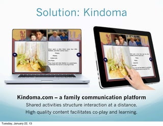 Solution: Kindoma




           Kindoma.com – a family communication platform
                  Shared activities structure interaction at a distance.
                  High quality content facilitates co-play and learning.

Tuesday, January 22, 13
 