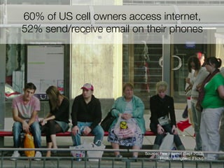 60% of US cell owners access internet,
52% send/receive email on their phones

Source: Pew Internet (Sept 2013)
Photo: stringberd (Flickr)

39
29

 