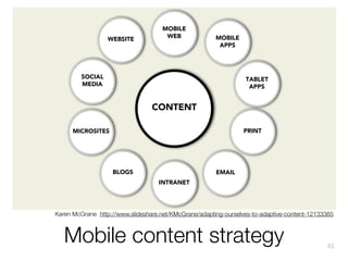 WEBSITE

MOBILE
WEB

MOBILE
APPS

SOCIAL
MEDIA

TABLET
APPS

CONTENT
PRINT

MICROSITES

BLOGS

EMAIL
INTRANET

Karen McGrane http://www.slideshare.net/KMcGrane/adapting-ourselves-to-adaptive-content-12133365

Mobile content strategy

52

 