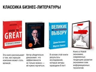 ÊКËЛÀАÑСÑСÈИÊКÀА ÁБÈИÇЗÍНÅЕÑС-ËЛÈИÒТÅЕÐРÀАÒТÓУÐРÛЫ
Эта книга рассказывает
о том, как хорошая
компания может стать
великой.
Автор убедительно
доказывает, что
эффективности
не только можно —
ей нужно научиться.
В основе этой книги
результаты
исследований,
которые авторы
проводили 9 лет!	
  	
  
Книга о Новой
экономике,
современных
тенденциях развития
экономики в век
информационных
технологий.
 