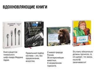 ÂВÄДÎОÕХÍНÎОÂВËЛßЯÞЮÙЩÈИÅЕ ÊКÍНÈИÃГÈИ
Книга рецептов
гениального
шеф-повара Феррана
Адрия.
Правильный подбор
костюма – это, без
преувеличения,
искусство.
О живой природе
России.
Об интереснейших
животных.
О незаваленном
горизонте.
Эту книгу обязательно
должны прочитать те,
кто думает, что жизнь
после 60
заканчивается!
 