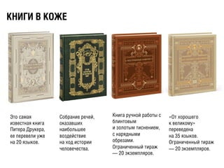 ÊКÍНÈИÃГÈИ ÂВ ÊКÎОÆЖÅЕ
Собрание речей,
оказавших
наибольшее
воздействие
на ход истории
человечества.
Книга ручной работы с
блинтовым
и золотым тиснением,
с нарядными
обрезами.
Ограниченный тираж
— 20 экземпляров.
Это самая
известная книга
Питера Друкера,
ее перевели уже
на 20 языков.
«От хорошего
к великому»
переведена
на 35 языков.
Ограниченный тираж
— 20 экземпляров.
 