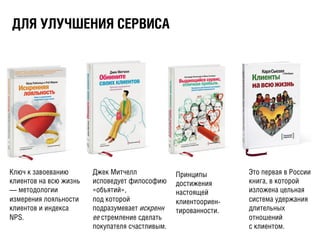 ÄДËЛßЯ ÓУËЛÓУ×ЧØШÅЕÍНÈИßЯ ÑСÅЕÐРÂВÈИÑСÀА
Ключ к завоеванию
клиентов на всю жизнь
— методологии
измерения лояльности
клиентов и индекса
NPS.
Джек Митчелл
исповедует философию
«объятий»,
под которой
подразумевает искренн
ее стремление сделать
покупателя счастливым.
Принципы
достижения
настоящей
клиентоориен-
тированности.
Это первая в России
книга, в которой
изложена цельная
система удержания
длительных
отношений
с клиентом.
 