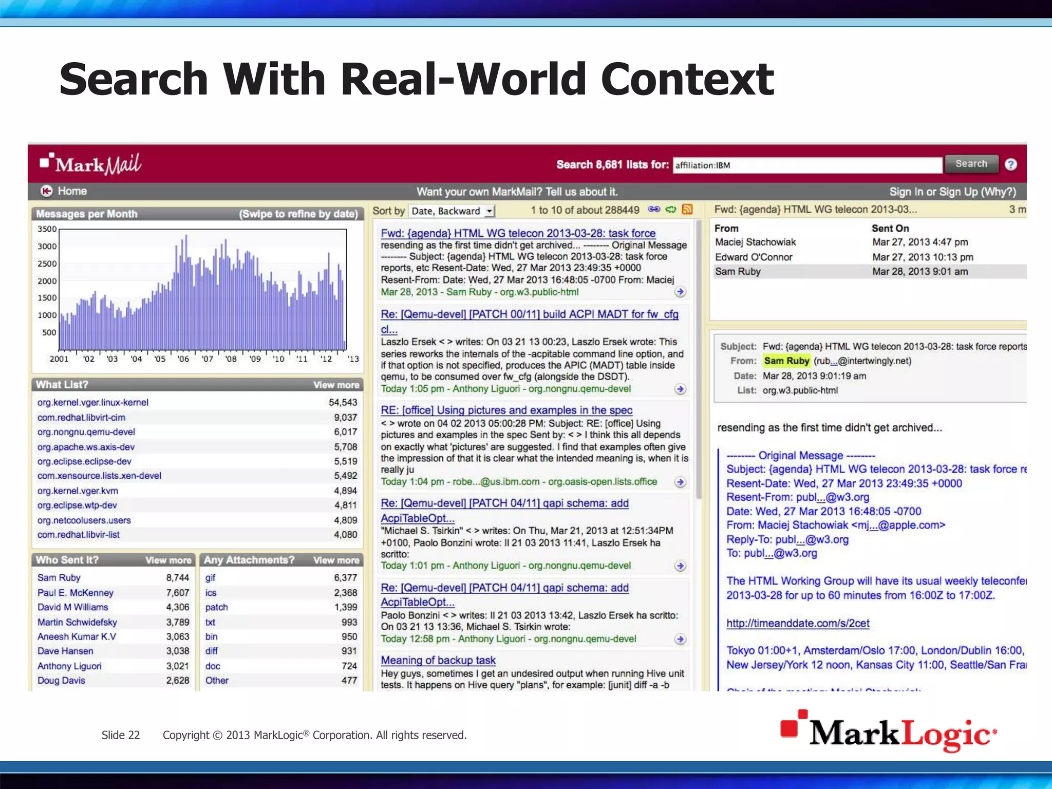 Slide 22 Copyright © 2013 MarkLogic® Corporation. All rights reserved.
Search With Real-World Context
 