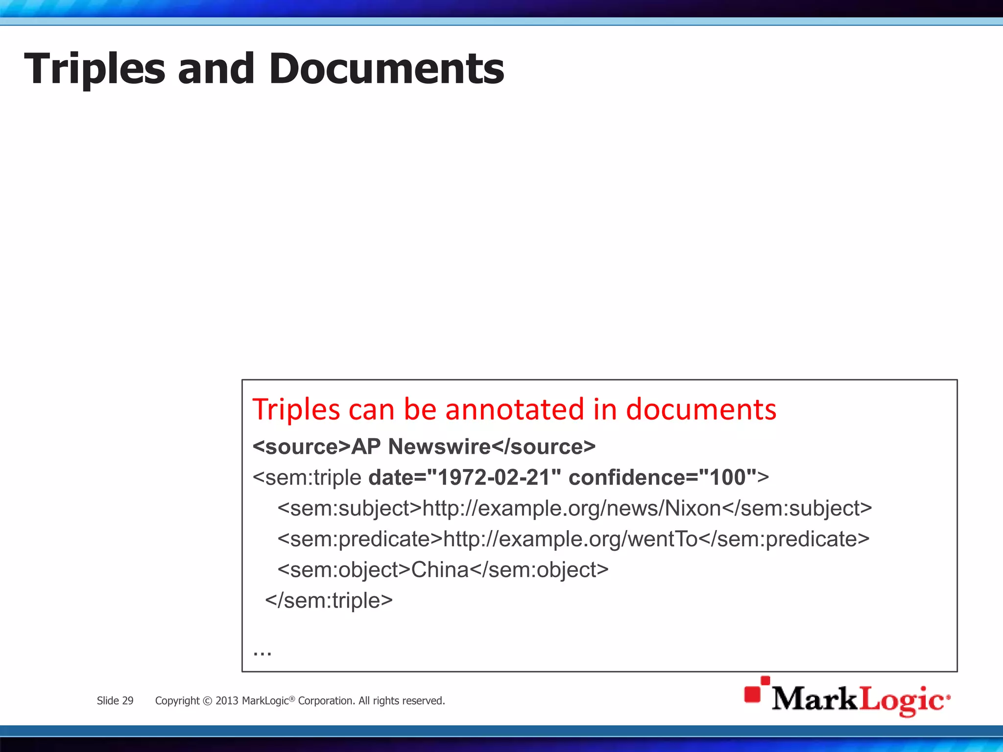 Slide 29 Copyright © 2013 MarkLogic® Corporation. All rights reserved.
Triples and Documents
Triples can be annotated in documents
<source>AP Newswire</source>
<sem:triple date="1972-02-21" confidence="100">
<sem:subject>http://example.org/news/Nixon</sem:subject>
<sem:predicate>http://example.org/wentTo</sem:predicate>
<sem:object>China</sem:object>
</sem:triple>
…
 