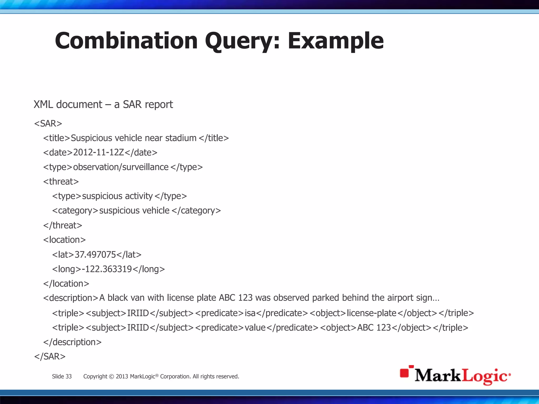 Slide 33 Copyright © 2013 MarkLogic® Corporation. All rights reserved.
Combination Query: Example
<SAR>
<title>Suspicious vehicle…Suspicious vehicle near stadium
<date>
<type>
<threat>
2012-11-12Z
observation/surveillance
<type>suspicious activity
<category>suspicious vehicle
<location>
<lat>37.497075
<long>-122.363319
<subject>IRIID
<subject>IRIID
<predicate>
<predicate>
isa
value
<triple>
<triple>
<object>license-plate
<object>ABC 123
<description>A black van…A black van with license plate ABC 123 was observed parked behind the airport sign…
</title>
</date>
</type>
</type>
</category>
</threat>
</lat>
</long>
</location>
</subject>
</subject>
</predicate>
</predicate>
</object>
</object>
</description>
</SAR>
</triple>
</triple>
XML document – a SAR report
 