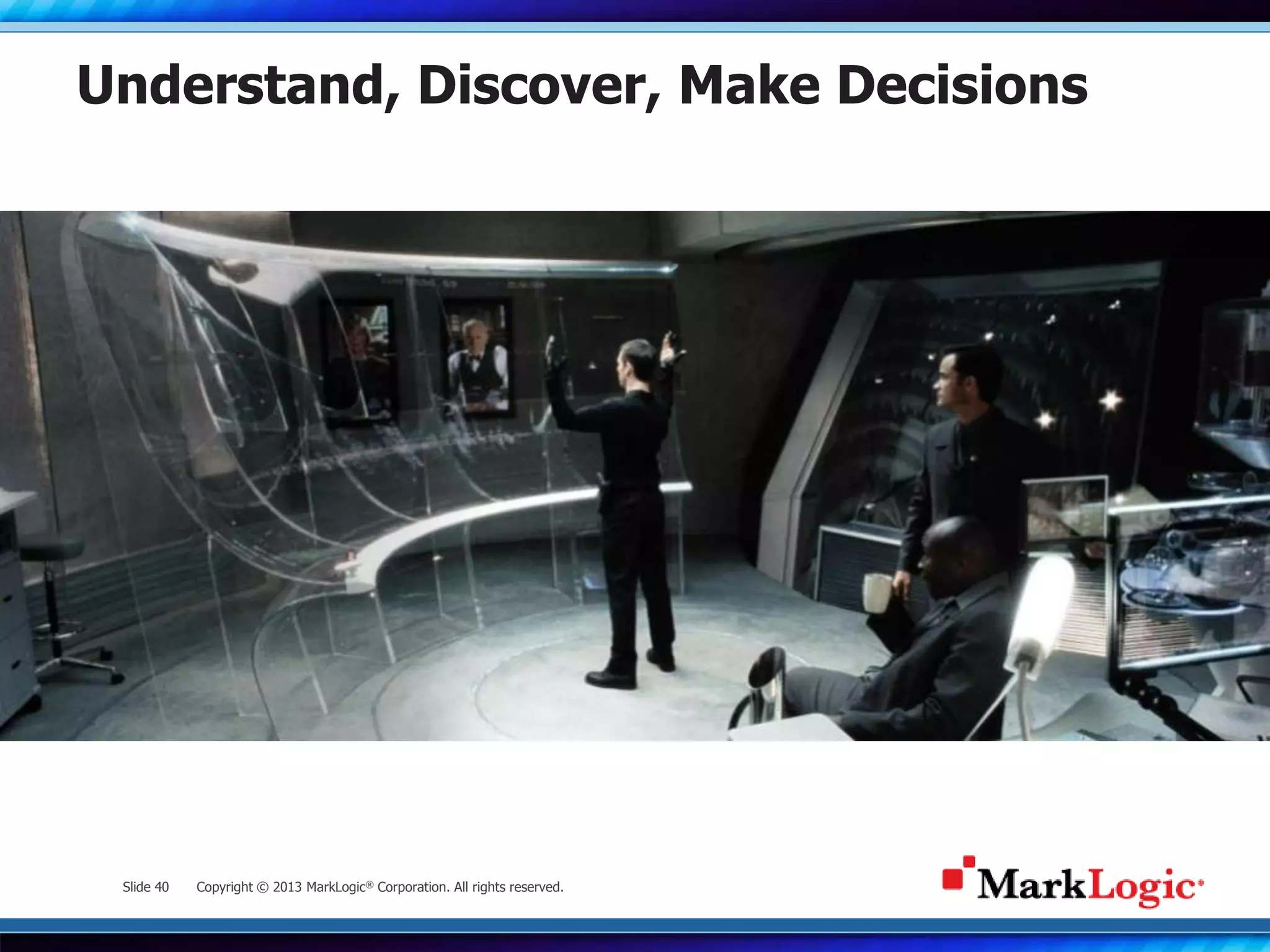 Slide 40 Copyright © 2013 MarkLogic® Corporation. All rights reserved.
Understand, Discover, Make Decisions
 