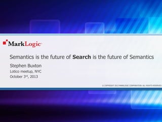 Slide 1 Copyright © 2013 MarkLogic® Corporation. All rights reserved.
© COPYRIGHT 2013 MARKLOGIC CORPORATION. ALL RIGHTS RESERVED.
Stephen Buxton
Lotico meetup, NYC
October 3rd, 2013
Semantics is the future of Search is the future of Semantics
 
