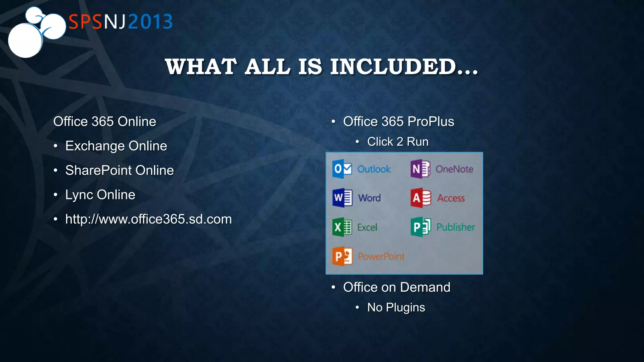 WHAT ALL IS INCLUDED…
Office 365 Online
• Exchange Online
• SharePoint Online
• Lync Online
• http://www.office365.sd.com
• Office 365 ProPlus
• Click 2 Run
• Office on Demand
• No Plugins
 