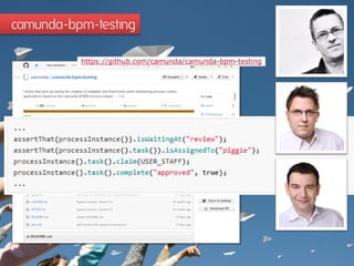 camunda-bpm-testing
https://github.com/camunda/camunda-bpm-testing
 