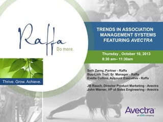 TRENDS IN ASSOCIATION
MANAGEMENT SYSTEMS
FEATURING AVECTRA
Thursday , October 10, 2013
8:30 am– 11:30am
Thrive. Grow. Achieve.
Seth Zarny, Partner - Raffa
Buu-Linh Tran, Sr. Manager - Raffa
Evette Collins, Account Executive - Raffa
JB Rauch, Director Product Marketing - Avectra
John Warner, VP of Sales Engineering - Avectra
 
