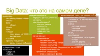 Big Data: что это на самом деле?
• вычисления на узлах, где данные собраны
кибербезопасность
хранилища
жизненный цикл данных
передача данных, политики,
системы хранения данных
создание (в т.ч. автоматическое)
контроль
облака
обработка
как обрабатывать?
EMC
анализ
контуры данных
оборот
систематизация
контроль за
Oracle
озарения
копированием
IBM
визуализация
права доступа
Amazon
отчѐты
утечки
один админ на 10000
уничтожение
шифрование/дешифрование
потоки данных
виртуальных
захоронения, как ядерные
коммуникации
Cloudera
отходы
человек-человек
хранить уже дорого
хранить дорого
человек-компьютер-человек
зачем столько собираем?
а что хранить, что
человек-компьютер
удалять?
компьютер-человек (напоминалки, автодозвон )
готовые технологии
компьютер-компьютер
обработки
пропускная способность
Google FS
ограничивающий фактор
Hadoop

 
