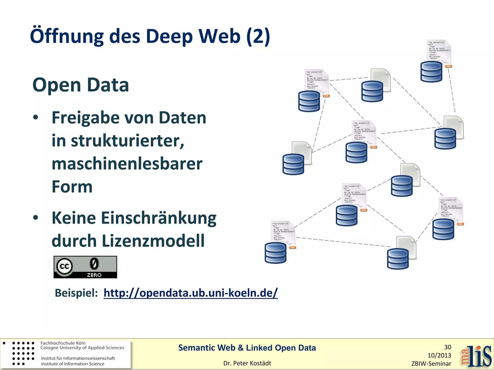 Öffnung des Deep Web (2)
Open Data
• Freigabe von Daten
in strukturierter,
maschinenlesbarer
Form
• Keine Einschränkung
durch Lizenzmodell
Beispiel: http://opendata.ub.uni-koeln.de/

Semantic Web & Linked Open Data
Dr. Peter Kostädt

30
10/2013
ZBIW-Seminar

 