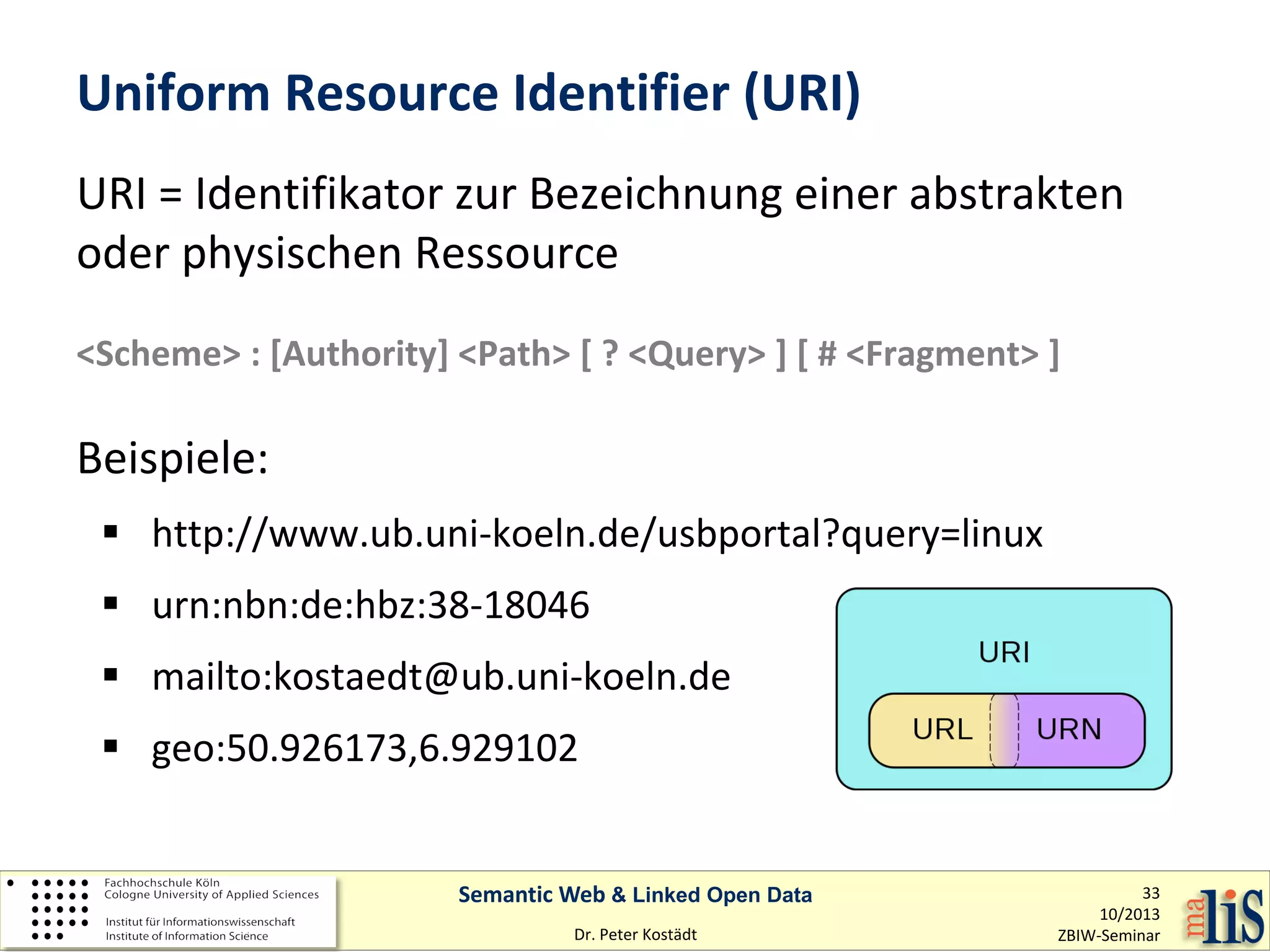Uniform Resource Identifier (URI)
URI = Identifikator zur Bezeichnung einer abstrakten
oder physischen Ressource
<Scheme> : [Authority] <Path> [ ? <Query> ] [ # <Fragment> ]

Beispiele:
 http://www.ub.uni-koeln.de/usbportal?query=linux
 urn:nbn:de:hbz:38-18046
 mailto:kostaedt@ub.uni-koeln.de
 geo:50.926173,6.929102
Semantic Web & Linked Open Data
Dr. Peter Kostädt

33
10/2013
ZBIW-Seminar

 