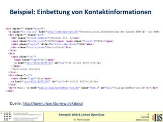 Beispiel: Einbettung von Kontaktinformationen

Quelle: http://openurlgw.hbz-nrw.de/about
Semantic Web & Linked Open Data
Dr. Peter Kostädt

17
10/2013
ZBIW-Seminar

 