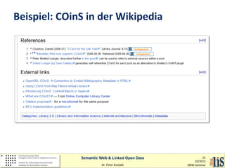 Beispiel: COinS in der Wikipedia

Semantic Web & Linked Open Data
Dr. Peter Kostädt

22
10/2013
ZBIW-Seminar

 