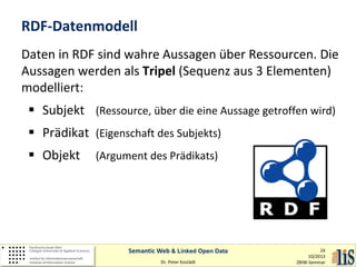 RDF-Datenmodell
Daten in RDF sind wahre Aussagen über Ressourcen. Die
Aussagen werden als Tripel (Sequenz aus 3 Elementen)
modelliert:
 Subjekt (Ressource, über die eine Aussage getroffen wird)
 Prädikat (Eigenschaft des Subjekts)
 Objekt

(Argument des Prädikats)

Semantic Web & Linked Open Data
Dr. Peter Kostädt

24
10/2013
ZBIW-Seminar

 
