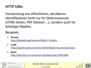 HTTP URIs
Verwendung von öffentlichen, abrufbaren
Identifikatoren nicht nur für Webressourcen
(HTML-Seiten, PDF-Dateien ...), sondern auch für
beliebige Objekte.
Beispiele:
 Person:
http://dbpedia.org/resource/Albert_Einstein
 Land:
http://www4.wiwiss.fu-berlin.de/factbook/resource/Germany
 Buch:
http://data.bib.uni-mannheim.de/data/swb/114912904
Semantic Web & Linked Open Data
Dr. Peter Kostädt

34
10/2013
ZBIW-Seminar

 